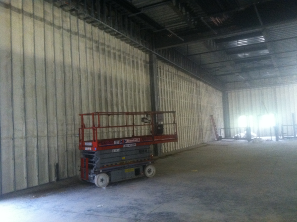 Completed spray foam, commercial job, high walls, lift, spray foam, open cell, closed cell, icynene